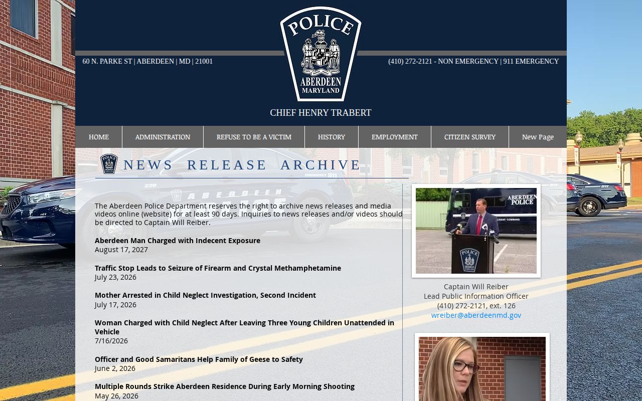 Aberdeen Police official arrest release source for Harford County booking records