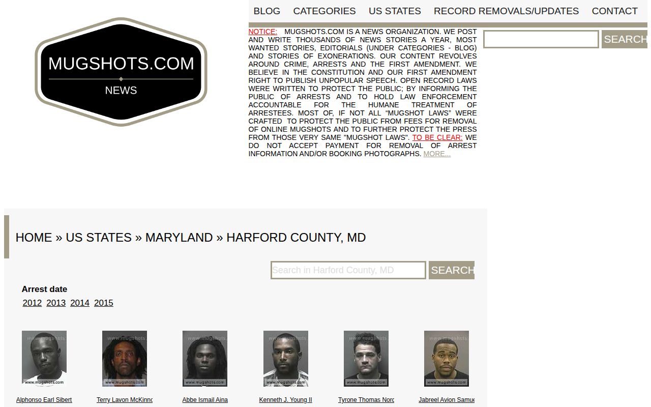 Unofficial historical Harford County mugshot archive record page